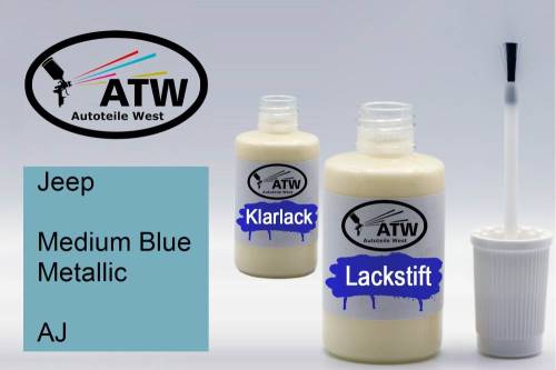 Jeep, Medium Blue Metallic, AJ: 20ml Lackstift + 20ml Klarlack - Set, von ATW Autoteile West.